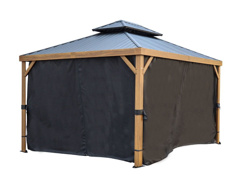 Gazebo Penguin Yosemite Black Polyester Curtains 10'x12' angle view of curtains opened on yosemite gazebo