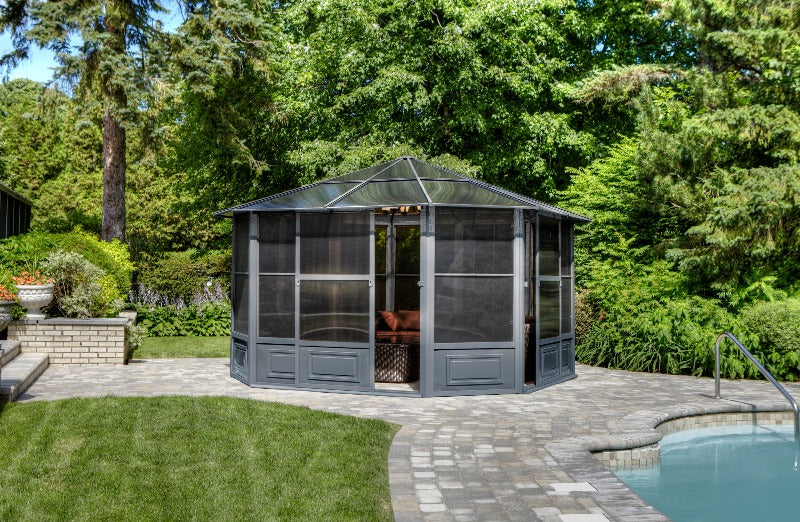 Gazebo Penguin Florence Solarium Polycarbonate Roof 12'x12' front view open door