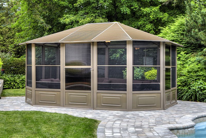 Gazebo Penguin Florence Solarium Metal Roof - 12'x12' front view door closed sand solarium 12'x15' outdoors