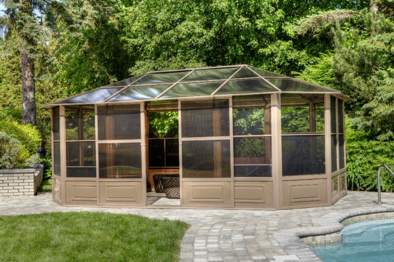 Gazebo Penguin Florence Solarium Polycarbonate Roof - 12'x12 front view open door sand solarium 12'x18' outdoors