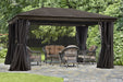 Gazebo Penguin Venus Gazebo Metal Roof - 10'x10' front view curtains open with table and chairs outdoors brown colour