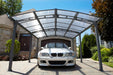 Gazebo Penguin Acay Carport in Grey with Gutters front view looking up sheltering vehicle outdoors