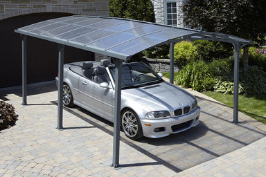 Gazebo Penguin Acay Carport in Grey with Gutters top angle view sheltering vehicle outdoors