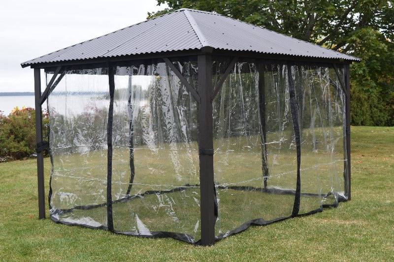 Corriveau Outdoor Furniture Mica for Gazebo - 10'x10' front angle view with curtains closed outdoors