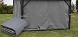 Corriveau Outdoor Furniture Grey Side Curtains for 10'x10' Gazebo front view with folded curtain outdoors