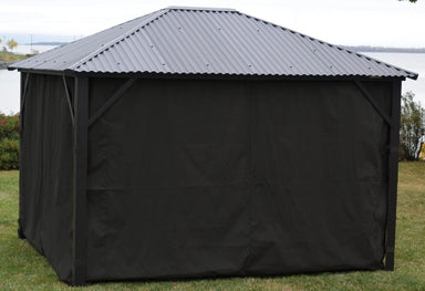 Corriveau Outdoor Furniture Black Side Curtains for Gazebo - 10'x12' (Safezone Material) front view black curtains closed outdoors