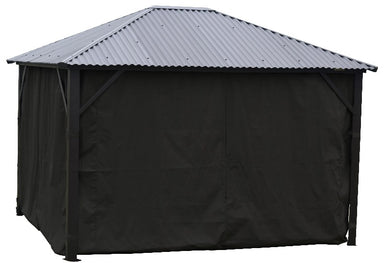 Corriveau Outdoor Furniture Black Side Curtains for Gazebo - 10'x12' (Safezone Material) front view black curtains closed