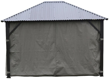 Corriveau Outdoor Furniture Grey Side Curtains for Gazebo - 10'x10' (Safezone Material) front view grey curtains closed