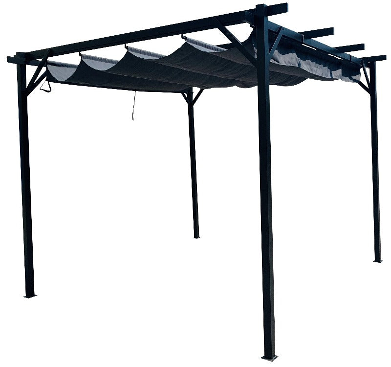 Corriveau Outdoor Furniture San Luis Pergola with retractable canopy - 10'x12' front view with open canopy