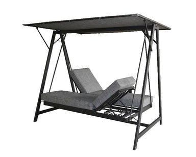 Corriveau Outdoor Furniture Deluxe Three-Seater Cushioned Hammock Swing front view reclining positions