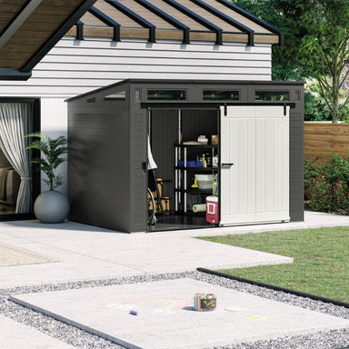 Backyard Lifestyles Modernist Barn Door 10'x7' Storage Shed - Peppercorn front angle view open door outdoors