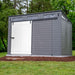 Backyard Lifestyles Modernist Barn Door 10'x7' Storage Shed - Peppercorn front view door closed outdoors