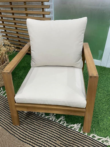 Fuji Armchair in Beige by Corriveau Outdoor Furniture front view of chair