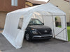 Gazebo Penguin Carport in White and Clear front angel view of white model with open doors and vehicle inside