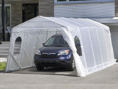 Gazebo Penguin Carport in White and Clear front view of clear shelter with open car door