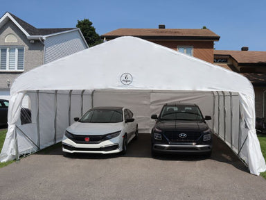 Gazebo Penguin Deluxe Double Car Shelter Front View of Car Garage Tent With Door Open And Vehicles Inside