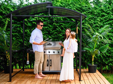 Gazebo Penguin Kobe Barbeque Shelter - 5'x8' Front View Of Hardtop BBQ Shelter With A Happy Family Cooking Together