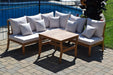 Corriveau Outdoor Furniture Napoli Sectional Set 5-pcs front view of patio furniture on a patio infront of a pool