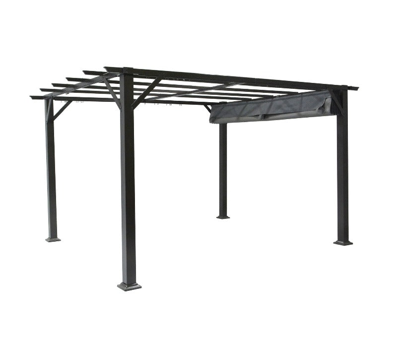 Corriveau Outdoor Furniture Marina Pergola with retractable canopy 10'x12' front view canopy closed