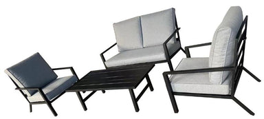 Mischo 4 Piece Coffee Table and Chairs by Corriveau Outdoor Furniture front view of set