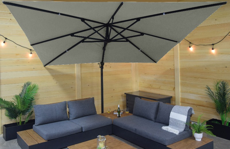 Corriveau Outdoor Furniture Oasis Umbrella 10' open front view with patio furniture