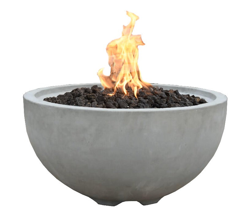 Backyard Lifestyles Modeno Nantucket 26"/40,000 BTU Grey Concrete Natural Gas Firebowl front view of fire bowl with flame and lava rocks