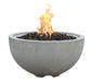 Backyard Lifestyles Modeno Nantucket 26"/40,000 BTU Grey Concrete Natural Gas Firebowl front view of fire bowl with flame and lava rocks