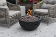 Backyard Lifestyles Modeno - Jefferson Fire Bowl front view of fire bowl with flame outdoors with wicker chairs