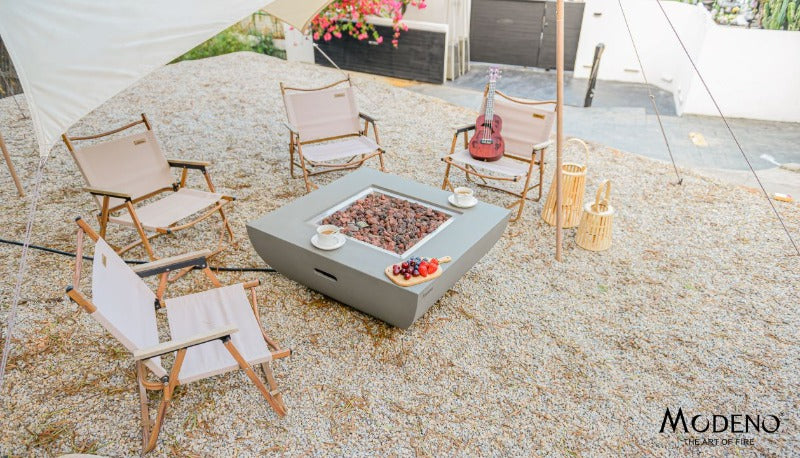 Backyard Lifestyles Modeno - Florence Fire Table - Natural Concrete top view of fire table under canopy with outdoor seating