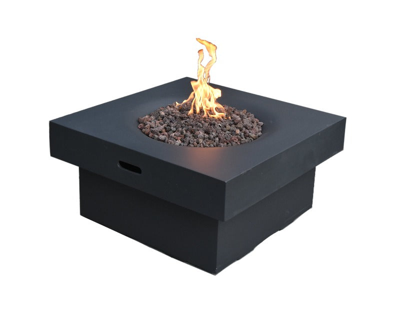 Backyard Lifestyles Modeno - Branford Fire Table in Black front angle view of fire table with lava rocks and flame