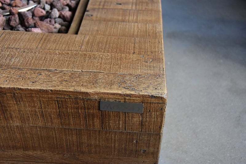 Backyard Lifestyles Modeno - Wilton Fire Table in Redwood close up view of corner of fire table to show texture