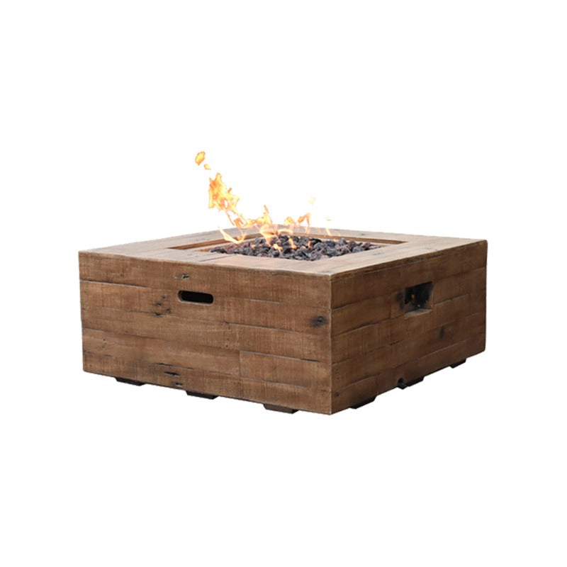 Backyard Lifestyles Modeno - Wilton Fire Table in Redwood front angle view of fire table with flame