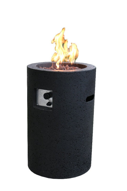 Backyard Lifestyles Modeno Lava Tube Concrete Propane Fire Pit in Black front view of fire pit with flame