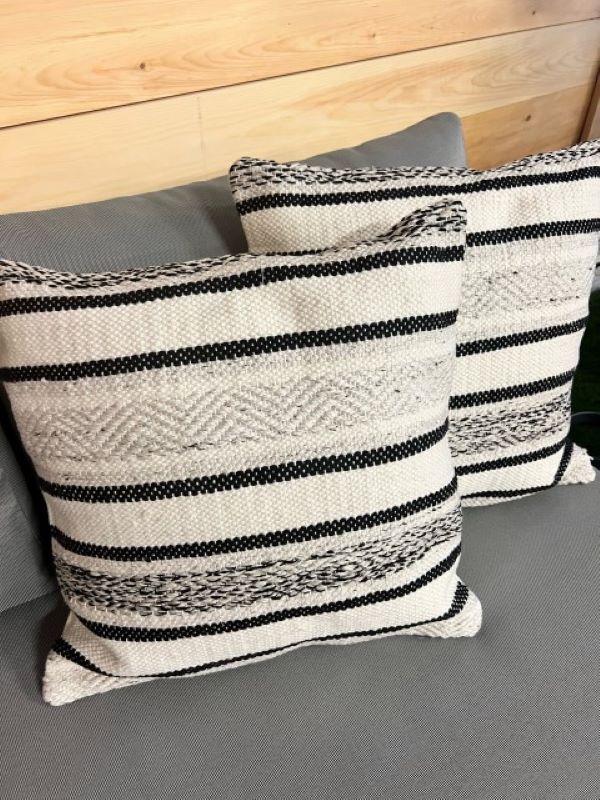 Patio Accessories: 18"x18" Outdoor Cushion Black Grey and Natural stripe close up of two pillows on outdoor sofa