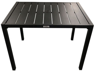 Ristorante Outdoor Table in Black by Corriveau Outdoor Furniture angle front and top view of black table