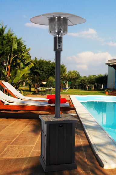 Backyard Lifestyles Shinerich Patio Heater with Tile Tabletop front view outdoors poolside