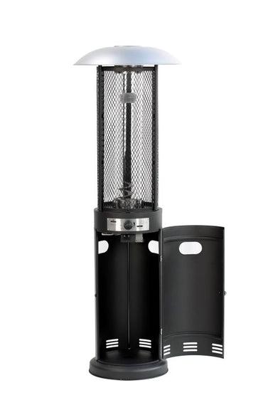 Backyard Lifestyles Shinerich Inferno Patio Heater - Matte Black front view open door showing propane storage