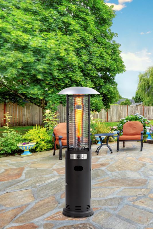 Backyard Lifestyles Shinerich Inferno Patio Heater  - Matte Black front view with flame outdoors