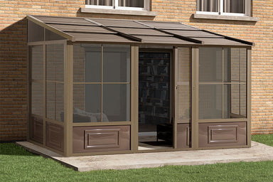 Gazebo Penguin Florence Wall Mounted Solarium Metal Roof - 8'x12' front view open door outdoors sand colour