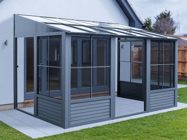 Gazebo Penguin Florence Wall Mounted Solarium Polycarbonate Roof front view of slate model with doors open